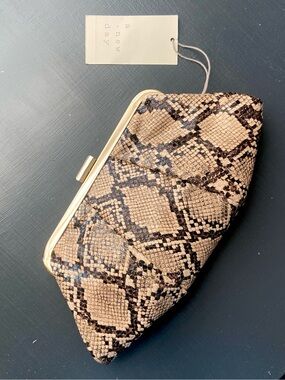 NWT a new day Tan and Black Snake-Print Frame Clutch